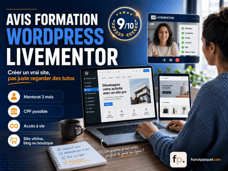Illustration d’un avis sur la formation WordPress LiveMentor avec mentorat en visioconférence, note 9 sur 10, CPF possible, accès à vie et création d’un site vitrine, blog ou boutique WooCommerce.