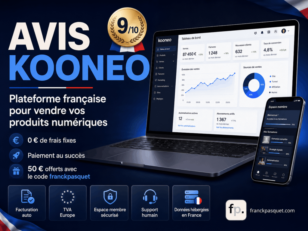 Illustration d’un avis sur Kooneo, plateforme française pour vendre des produits numériques avec espace membre sécurisé, facturation automatique, TVA Europe, paiement au succès et données hébergées en France.