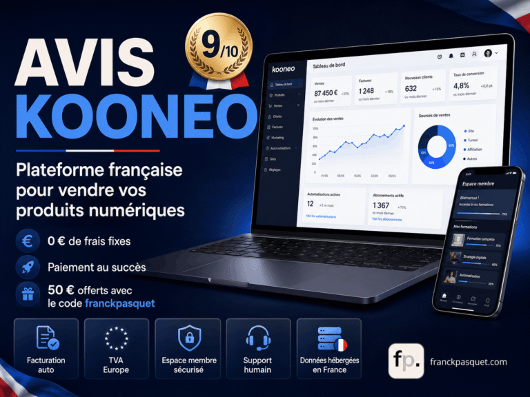 Illustration d’un avis sur Kooneo, plateforme française pour vendre des produits numériques avec espace membre sécurisé, facturation automatique, TVA Europe, paiement au succès et données hébergées en France.