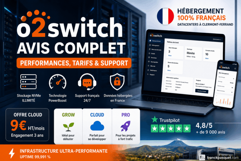 Illustration d’un avis sur o2switch, hébergeur web français avec datacenters à Clermont-Ferrand, stockage NVMe illimité, technologie PowerBoost, support français, offres Grow Cloud Pro et note Trustpilot 4,8 sur 5.