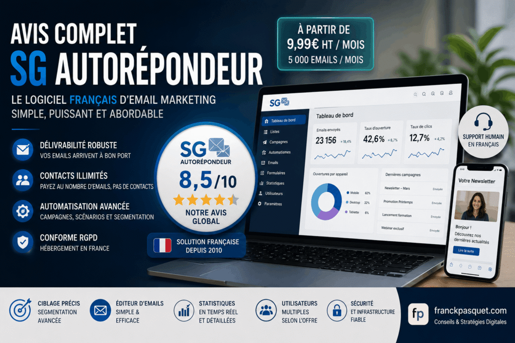 Illustration d’un avis sur SG Autorépondeur, logiciel français d’email marketing avec automatisation, segmentation, délivrabilité robuste, support humain en français et tarifs accessibles.