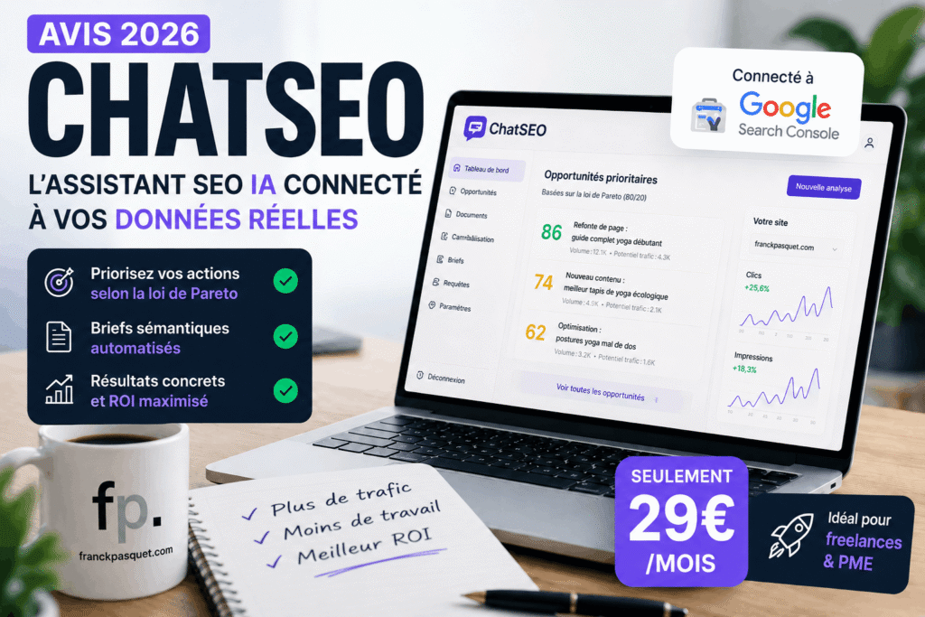 Image à la une de l’article avis ChatSEO 2026 montrant un assistant SEO IA connecté à Google Search Console pour prioriser les actions SEO, générer des briefs sémantiques et améliorer le ROI.