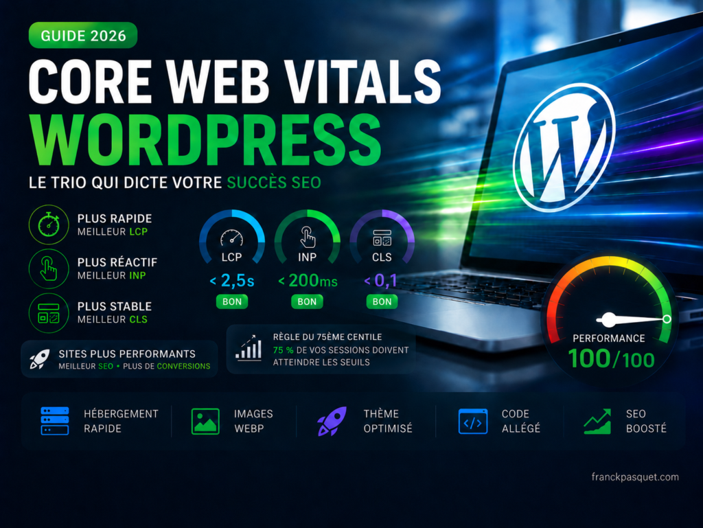 Illustration des Core Web Vitals WordPress 2026 avec jauge de performance à 100 sur 100, indicateurs LCP, INP et CLS au vert, pour améliorer la vitesse et le SEO d’un site WordPress.