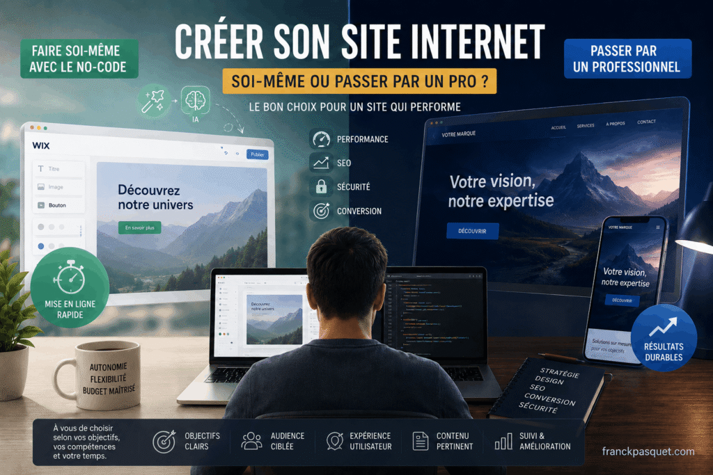 Illustration comparant deux façons de créer un site internet : le faire soi-même avec le no-code et l’IA, ou faire appel à un professionnel pour obtenir plus de performance, SEO, sécurité et conversions.