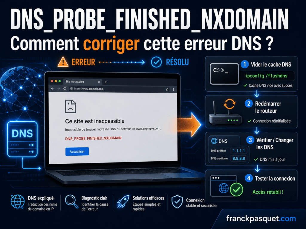 Alt image à la une : Illustration de l’erreur DNS_PROBE_FINISHED_NXDOMAIN avec un navigateur affichant un site inaccessible, un serveur DNS, et les étapes pour résoudre le problème en vidant le cache DNS, redémarrant le routeur et changeant les DNS.