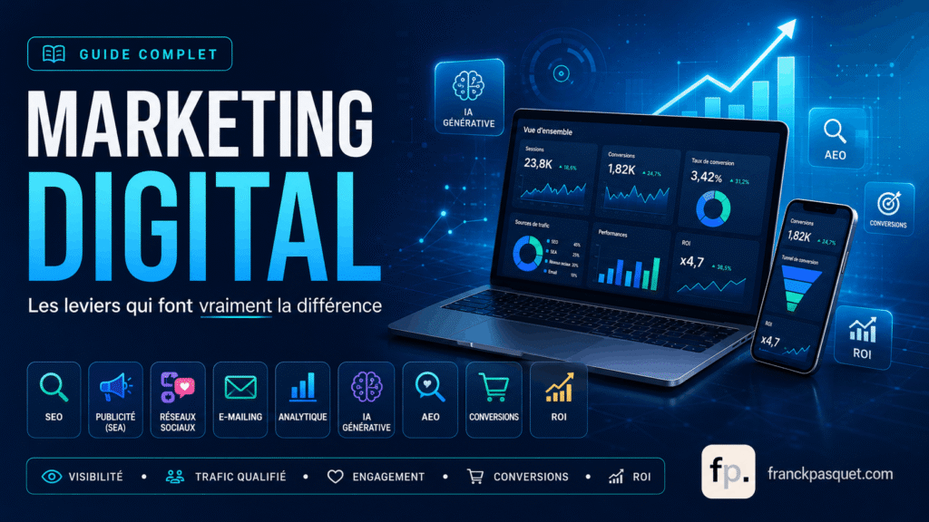 Illustration du marketing digital avec tableau de bord, SEO, publicité, réseaux sociaux, e-mailing, IA générative, AEO, conversions et ROI pour comprendre les leviers d’une stratégie numérique.