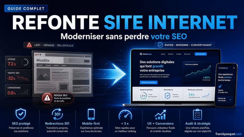 Illustration d’une refonte de site internet montrant la transformation d’un ancien site lent vers une interface moderne, rapide, mobile-first et optimisée pour le SEO et les conversions.