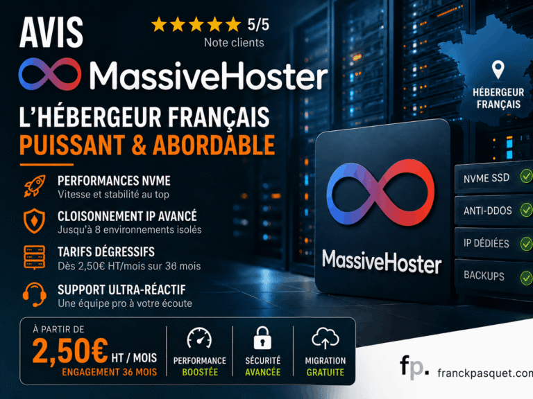 Illustration d’un avis sur MassiveHoster, hébergeur français puissant et abordable avec stockage NVMe, cloisonnement IP avancé, IP dédiées, anti-DDoS, backups, migration gratuite et tarifs dès 2,50 € HT par mois.