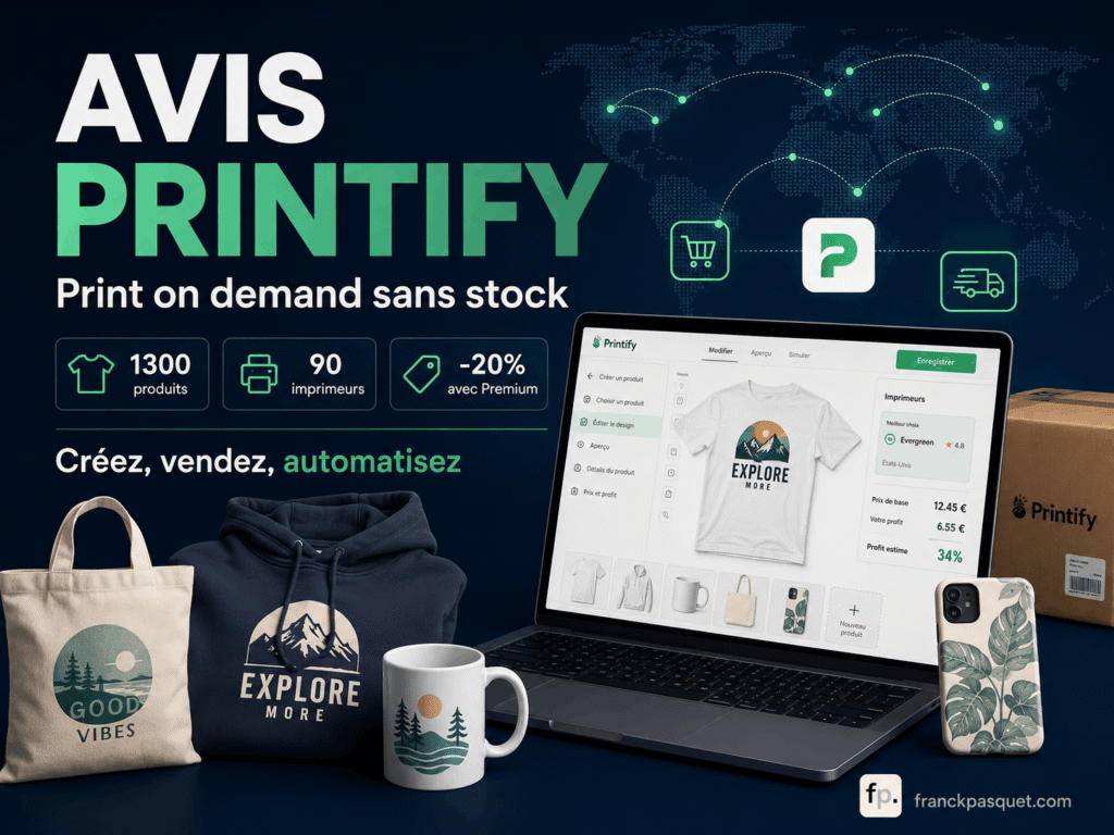 Illustration d’un avis sur Printify montrant une boutique print on demand sans stock avec 1300 produits personnalisables, 90 centres d’impression, plan Premium -20 %, automatisation Shopify Etsy WooCommerce et suivi des marges.