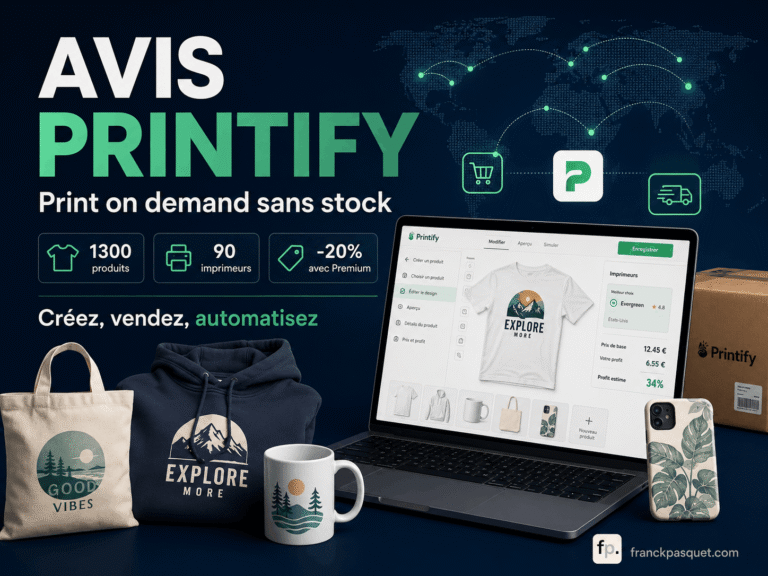 Illustration d’un avis sur Printify montrant une boutique print on demand sans stock avec 1300 produits personnalisables, 90 centres d’impression, plan Premium -20 %, automatisation Shopify Etsy WooCommerce et suivi des marges.