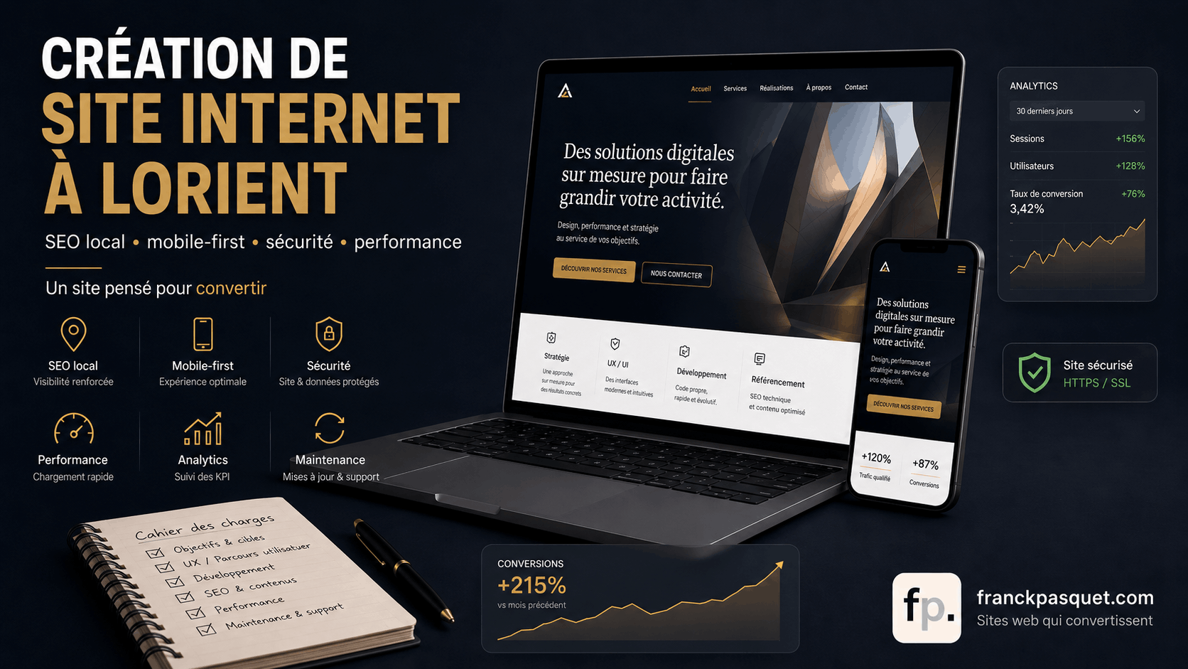 Illustration de création de site internet à Lorient avec ordinateur, smartphone, tableau de bord analytics, SEO local, design mobile-first, sécurité, performance et branding franckpasquet.com.