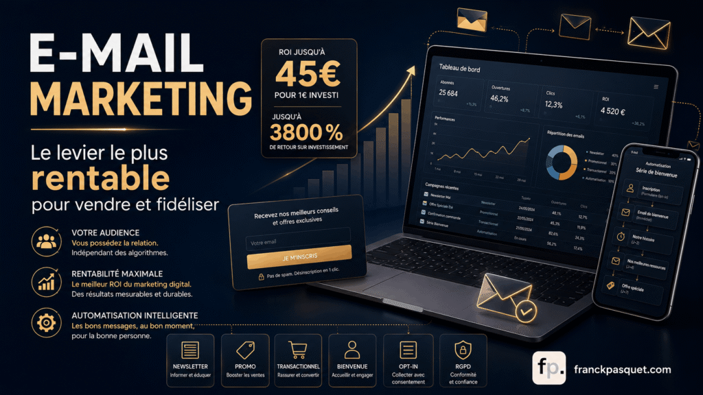 Illustration de l’email marketing avec tableau de bord de campagnes, automatisation, newsletter, messages promotionnels, emails transactionnels, séquence de bienvenue, RGPD, opt-in et suivi du ROI.