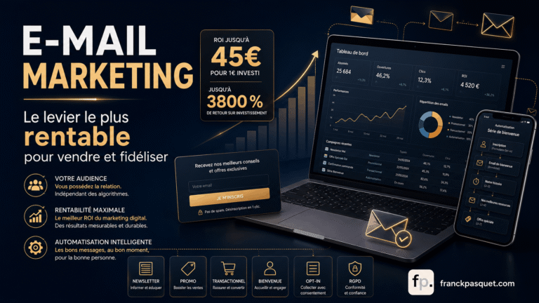 Illustration de l’email marketing avec tableau de bord de campagnes, automatisation, newsletter, messages promotionnels, emails transactionnels, séquence de bienvenue, RGPD, opt-in et suivi du ROI.