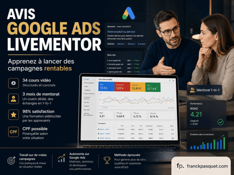 Illustration d’un avis sur la formation Google Ads LiveMentor avec tableau de bord publicitaire, 34 cours vidéo, 3 mois de mentorat individuel, CPF possible, 98 % de satisfaction, ROAS, CPC, conversions et campagnes rentables.