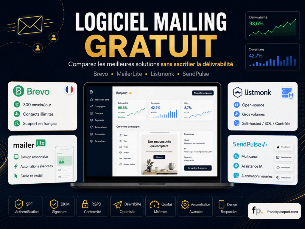 Comparatif de logiciels de mailing gratuits avec Brevo, MailerLite, Listmonk et SendPulse, quotas d’envoi, contacts illimités, automatisation, RGPD, SPF, DKIM et délivrabilité optimisée.