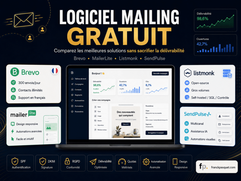 Comparatif de logiciels de mailing gratuits avec Brevo, MailerLite, Listmonk et SendPulse, quotas d’envoi, contacts illimités, automatisation, RGPD, SPF, DKIM et délivrabilité optimisée.