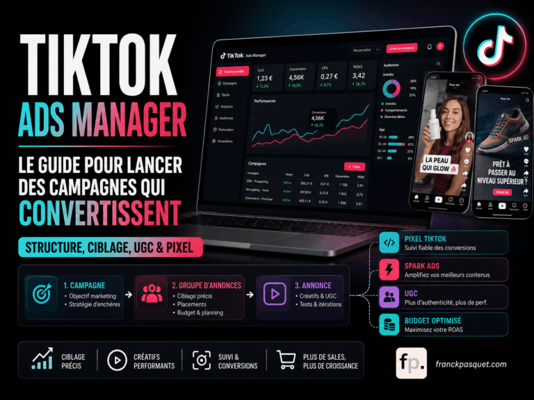 Illustration d’un guide TikTok Ads Manager montrant un tableau de bord publicitaire, des vidéos UGC, le Pixel TikTok, les Spark Ads, le ciblage précis, le suivi des conversions et une structure de campagne en trois niveaux.